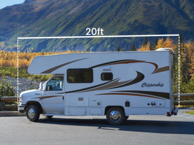 Yukon Dasher 19 – compact RV parked near Alaska Denali forest, perfect for small family for alaska RV rental with Clippership RV