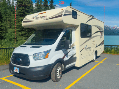 Yukon Dasher 19 – compact RV parked near Alaska Denali forest, perfect for small family for alaska RV rental with Clippership RV