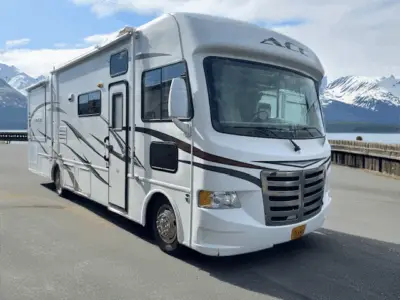 Bristol Bay Zephyr Class A 30 luxury motorhome in Alaska for road trips and fishing. Alaska RV Rental with Clippership RV